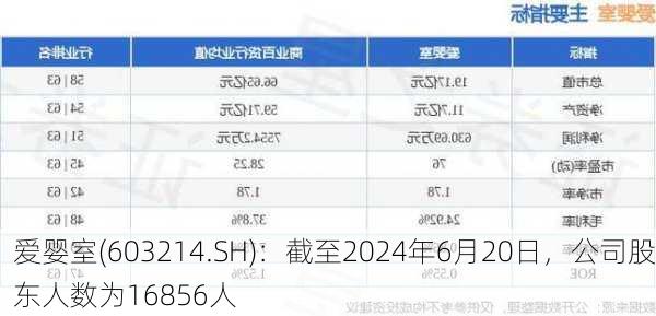 爱婴室(603214.SH)：截至2024年6月20日，公司股东人数为16856人