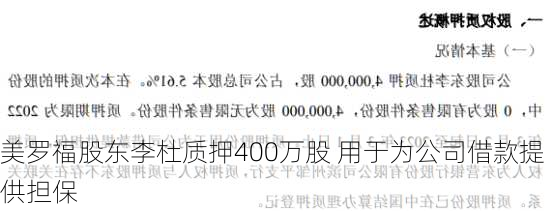 美罗福股东李杜质押400万股 用于为公司借款提供担保