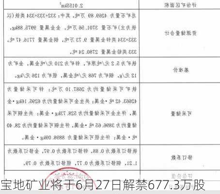 宝地矿业将于6月27日解禁677.3万股