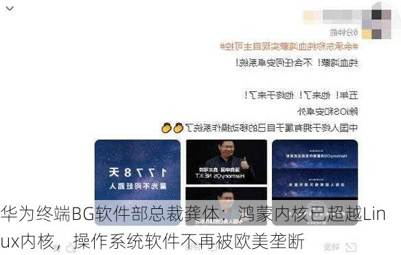 华为终端BG软件部总裁龚体：鸿蒙内核已超越Linux内核，操作系统软件不再被欧美垄断