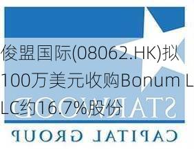 俊盟国际(08062.HK)拟100万美元收购Bonum LLC约16.7%股份