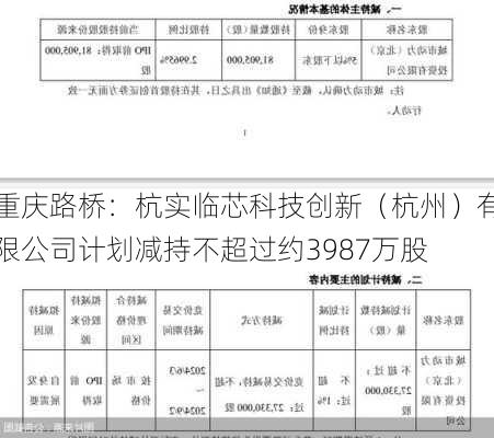 重庆路桥：杭实临芯科技创新（杭州）有限公司计划减持不超过约3987万股