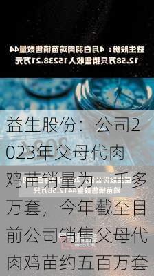 益生股份：公司2023年父母代肉鸡苗销量为一千多万套，今年截至目前公司销售父母代肉鸡苗约五百万套