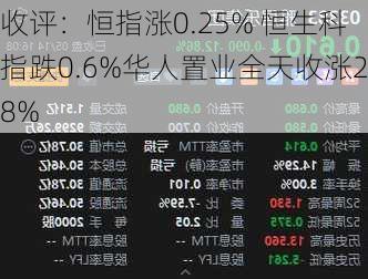 收评：恒指涨0.25% 恒生科指跌0.6%华人置业全天收涨28%