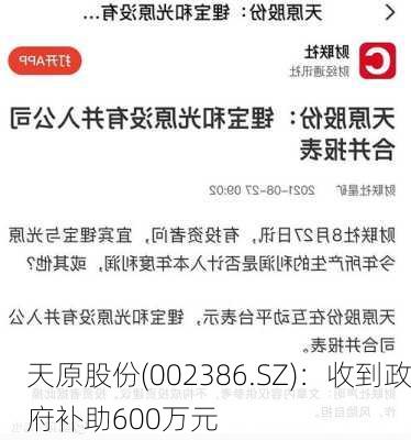 天原股份(002386.SZ)：收到政府补助600万元