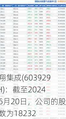 亚翔集成(603929.SH)：截至2024年6月20日，公司的股东数为18232