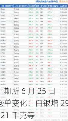 上期所 6 月 25 日仓单变化：白银增 291621 千克等