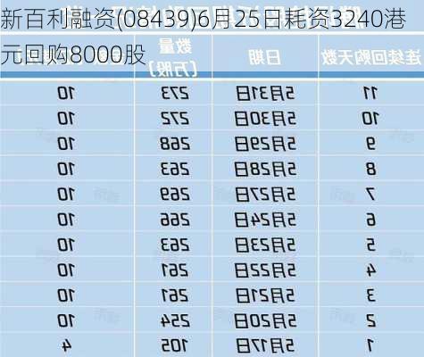 新百利融资(08439)6月25日耗资3240港元回购8000股