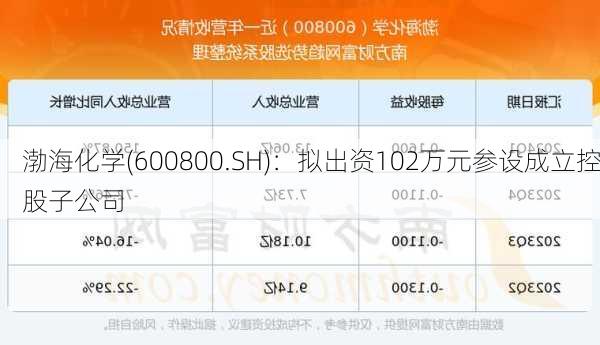 渤海化学(600800.SH)：拟出资102万元参设成立控股子公司