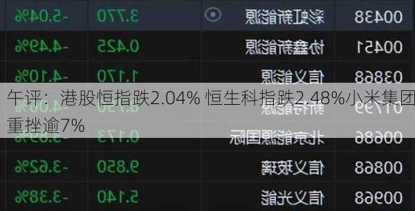 午评：港股恒指跌2.04% 恒生科指跌2.48%小米集团重挫逾7%