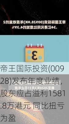 帝王国际投资(00928)发布年度业绩，股东应占溢利1581.8万港元 同比扭亏为盈