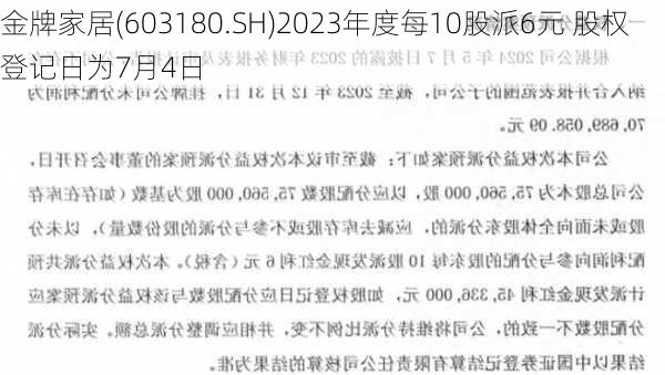 金牌家居(603180.SH)2023年度每10股派6元 股权登记日为7月4日