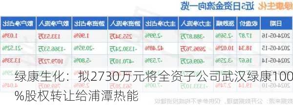 绿康生化：拟2730万元将全资子公司武汉绿康100%股权转让给浦潭热能