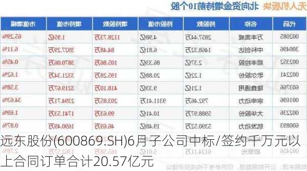 远东股份(600869.SH)6月子公司中标/签约千万元以上合同订单合计20.57亿元