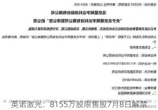 英诺激光：8155万股限售股7月8日解禁