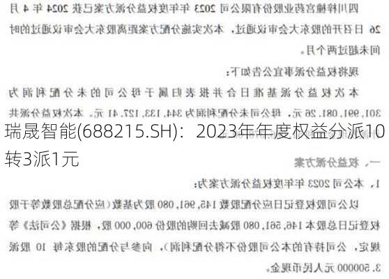 瑞晟智能(688215.SH)：2023年年度权益分派10转3派1元