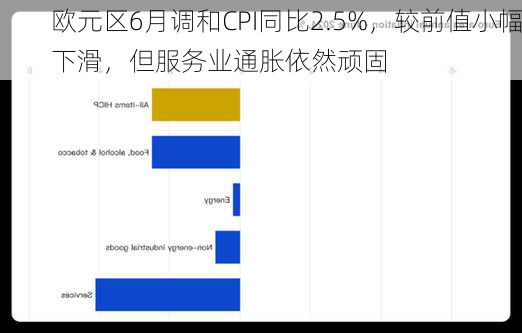 欧元区6月调和CPI同比2.5%，较前值小幅下滑，但服务业通胀依然顽固