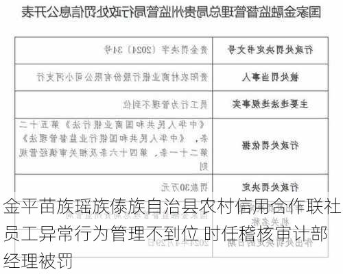 金平苗族瑶族傣族自治县农村信用合作联社员工异常行为管理不到位 时任稽核审计部经理被罚