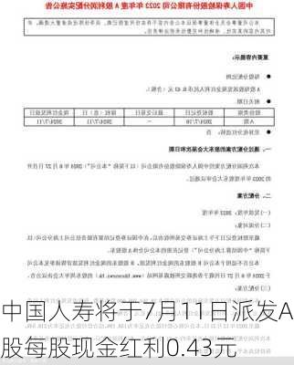 中国人寿将于7月11日派发A股每股现金红利0.43元