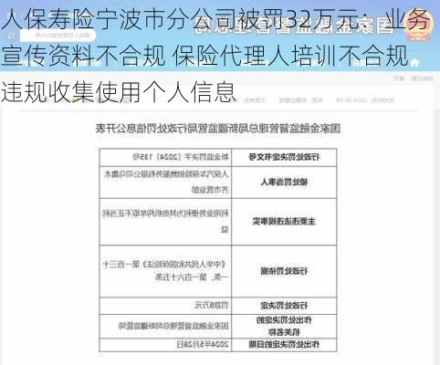 人保寿险宁波市分公司被罚32万元：业务宣传资料不合规 保险代理人培训不合规 违规收集使用个人信息