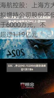 海航控股：上海方大拟增持公司股份不低于6000万元，不超过1.19亿元