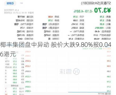 椰丰集团盘中异动 股价大跌9.80%报0.046港元