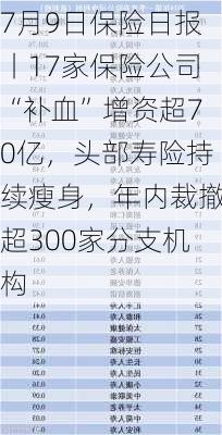 7月9日保险日报丨17家保险公司“补血”增资超70亿，头部寿险持续瘦身，年内裁撤超300家分支机构