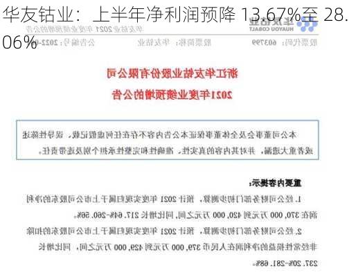 华友钴业：上半年净利润预降 13.67%至 28.06%