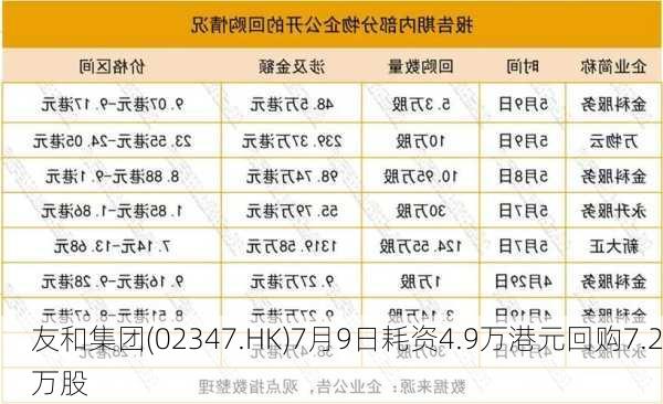 友和集团(02347.HK)7月9日耗资4.9万港元回购7.2万股