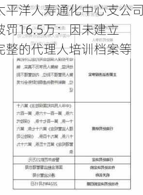 太平洋人寿通化中心支公司被罚16.5万：因未建立完整的代理人培训档案等