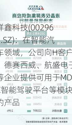 祥鑫科技(002965.SZ)：在智能汽车领域，公司向H客户、德赛西威、航盛电子等企业提供可用于MDC智能驾驶平台等模块的产品