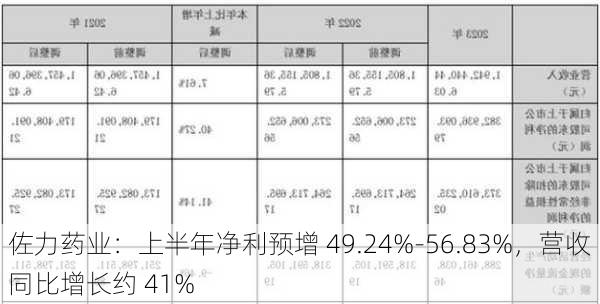 佐力药业：上半年净利预增 49.24%-56.83%，营收同比增长约 41%