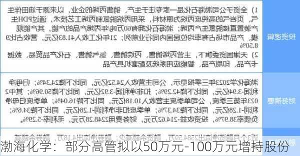 渤海化学：部分高管拟以50万元-100万元增持股份