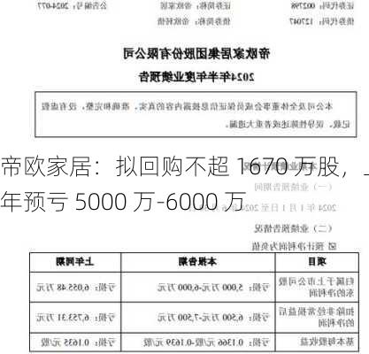 帝欧家居：拟回购不超 1670 万股，上半年预亏 5000 万-6000 万