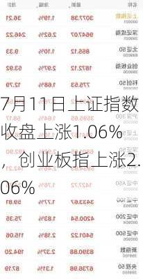 7月11日上证指数收盘上涨1.06%，创业板指上涨2.06%