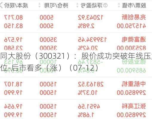 同大股份（300321）：股价成功突破年线压力位-后市看多（涨）（07-12）