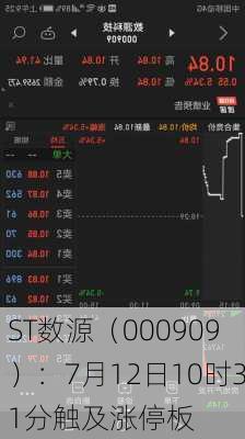 ST数源（000909）：7月12日10时31分触及涨停板