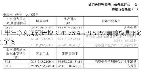 上半年净利润预计增长70.76%―88.51% 瑞鹄模具下跌5.01%