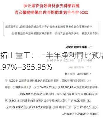 拓山重工：上半年净利同比预增223.97%―385.95%