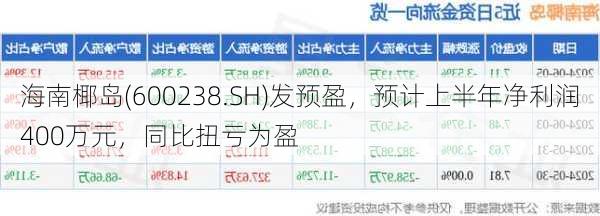 海南椰岛(600238.SH)发预盈，预计上半年净利润400万元，同比扭亏为盈