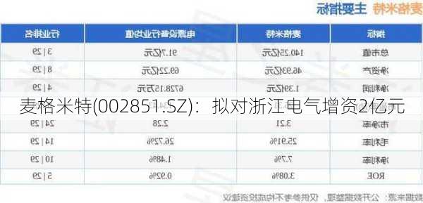 麦格米特(002851.SZ)：拟对浙江电气增资2亿元