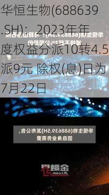 华恒生物(688639.SH)：2023年年度权益分派10转4.5派9元 除权(息)日为7月22日