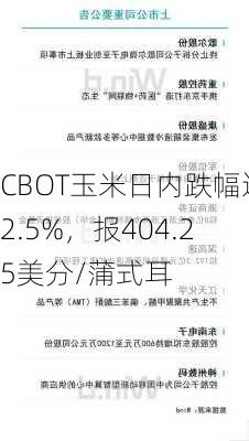 CBOT玉米日内跌幅达2.5%，报404.25美分/蒲式耳