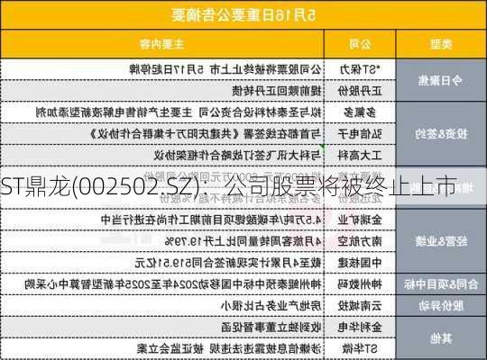 ST鼎龙(002502.SZ)：公司股票将被终止上市