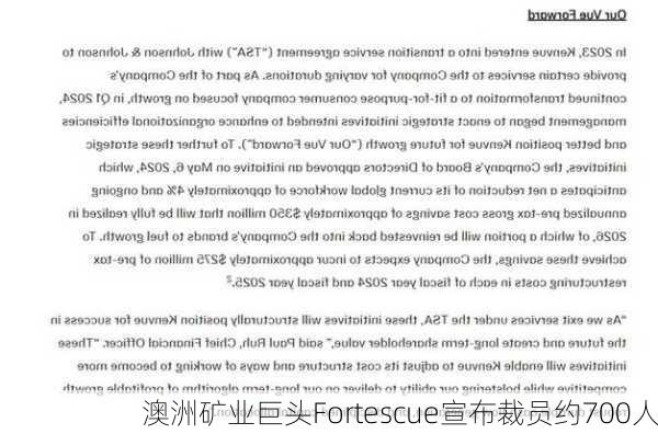 澳洲矿业巨头Fortescue宣布裁员约700人