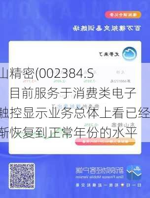 东山精密(002384.SZ)：目前服务于消费类电子的触控显示业务总体上看已经逐渐恢复到正常年份的水平