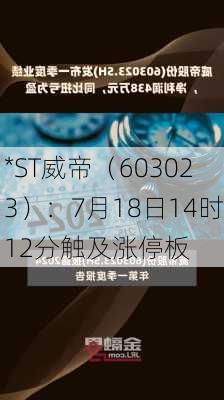 *ST威帝（603023）：7月18日14时12分触及涨停板