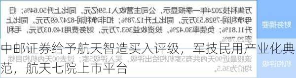 中邮证券给予航天智造买入评级，军技民用产业化典范，航天七院上市平台