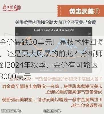 金价暴跌30美元！是技术性回调，还是更大风暴的前兆？分析师：到2024年秋季，金价有可能达3000美元