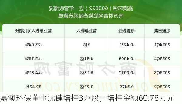 嘉澳环保董事沈健增持3万股，增持金额60.78万元